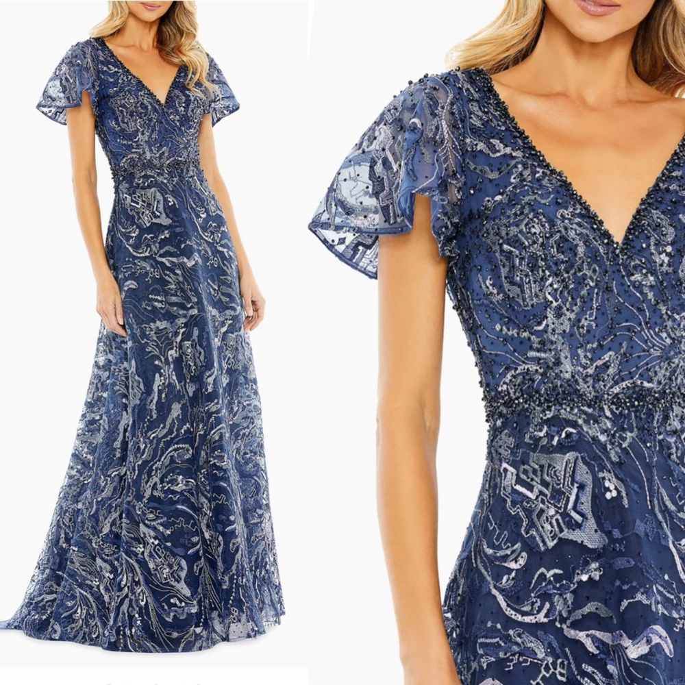 Mac Duggal EMBELLISHED ILLUSION BUTTERFLY SLEEVE A-LINE GOWN Navy 20301 NEW